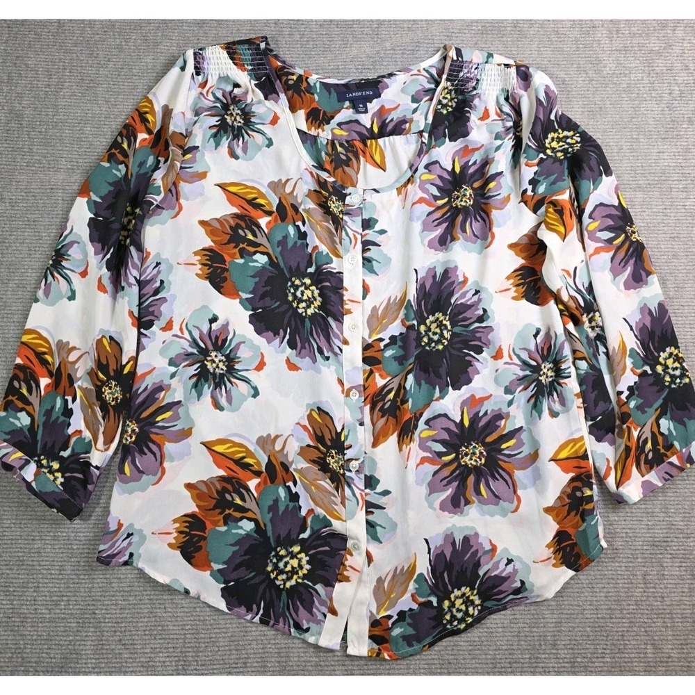 Lands End Women's Long Sleeve Floral Button Up Top Size 16